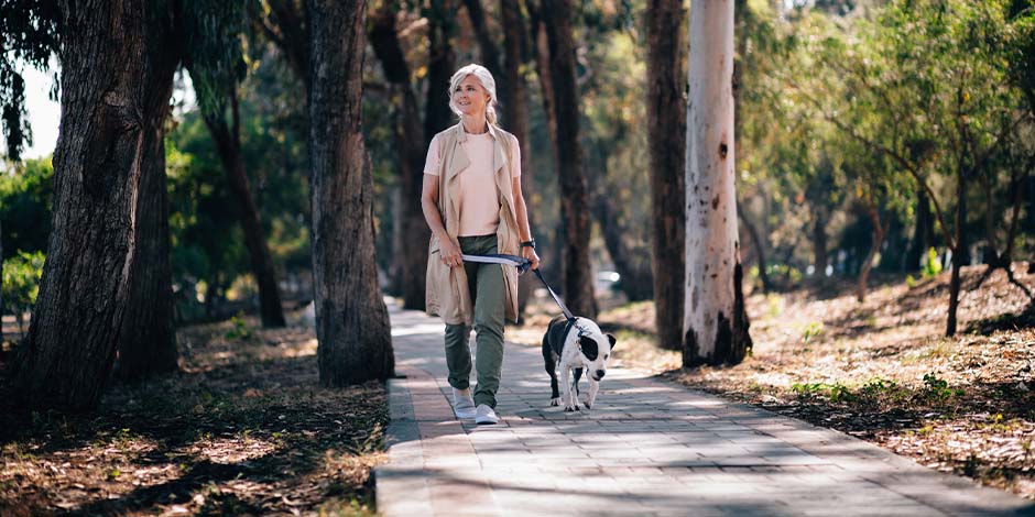 Cuánto vive un perro en años humanos. Mujer adulta paseando en medio de un parque en compañía de su mascota blanco con negro. Aprende cuánto vive un perro y disfruta más con él.