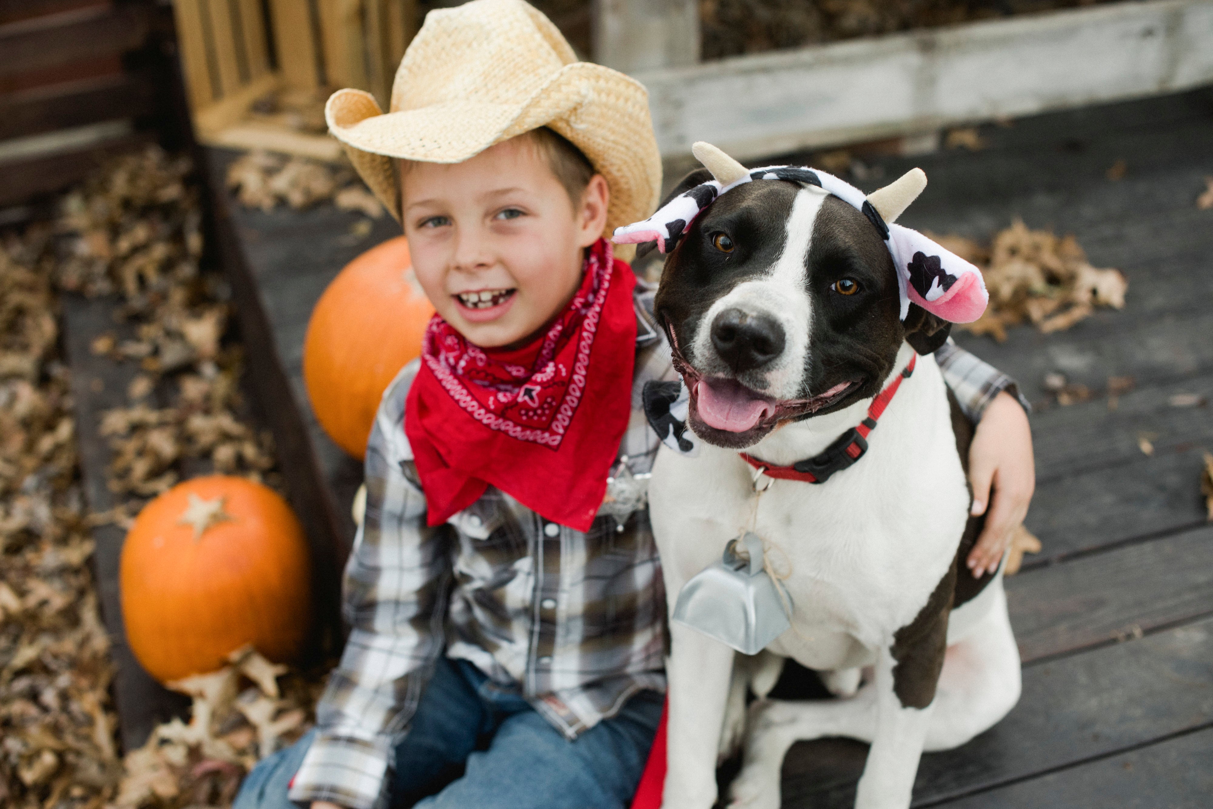 disfraces para perros-vaquita y vaquero. Niño disfrazado de vaquero abrazando a su mascota, con uno de los disfraces para perros más comunes: de vaquita.